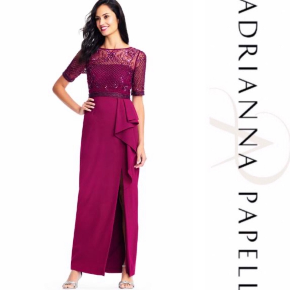 Adrianna Papell embellished elbow sleeves ruffle long dress